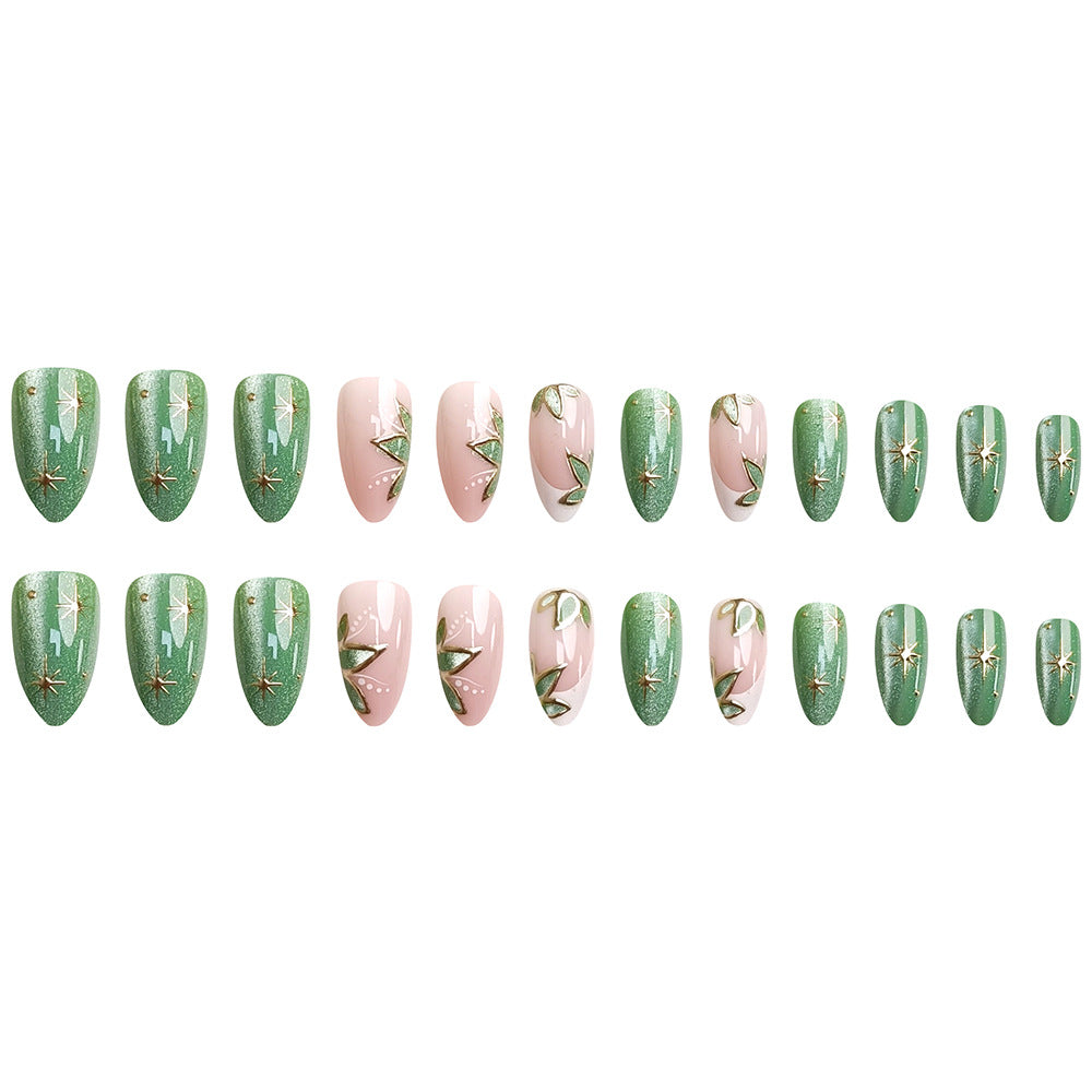 Short 24-pièces en forme d'amande Nail White Edge Faux Nails de style français avec oeil de chat