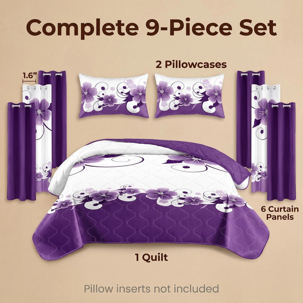 9-Piece pourpre et blanc jardinia couvre-lit et rideau