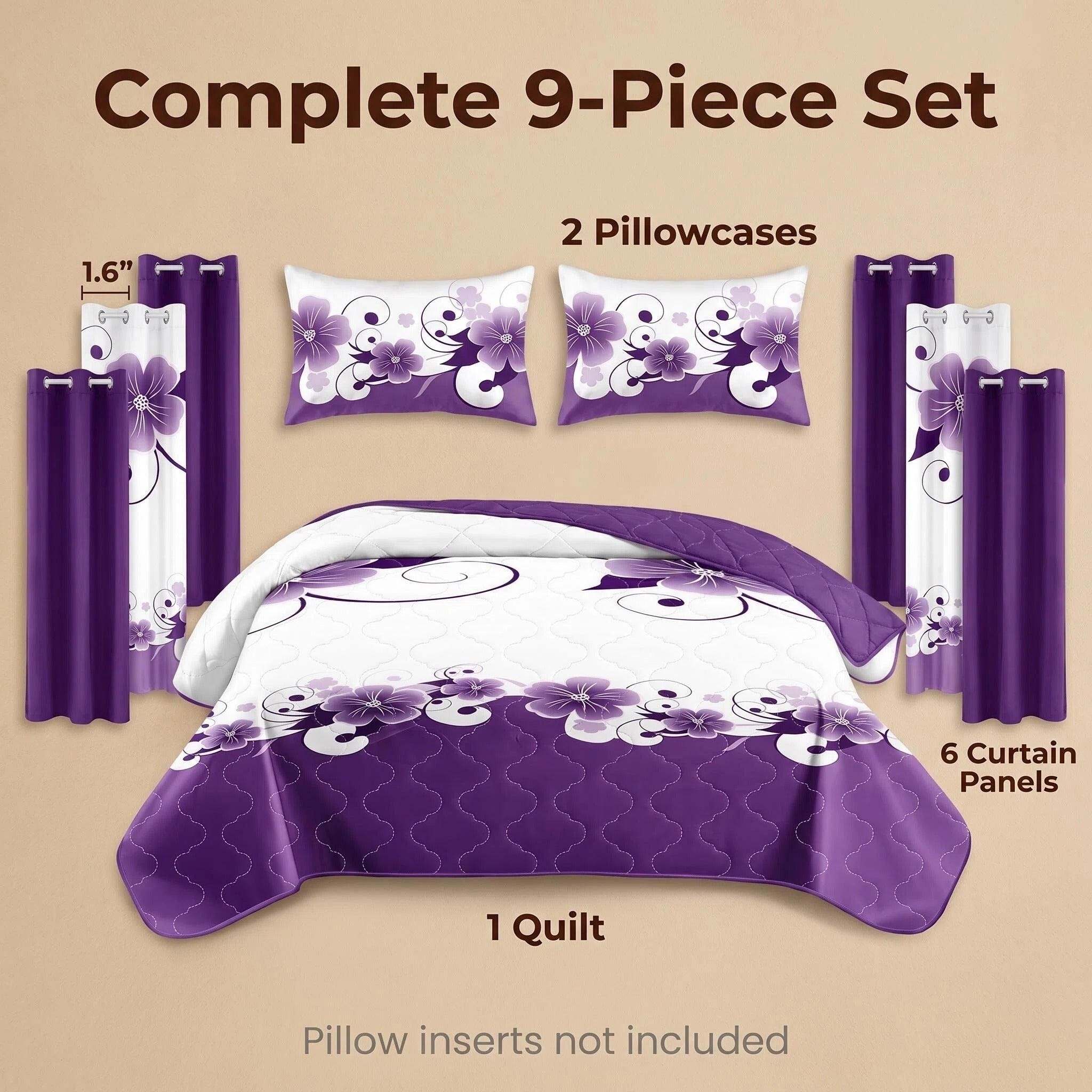 9-Piece pourpre et blanc jardinia couvre-lit et rideau