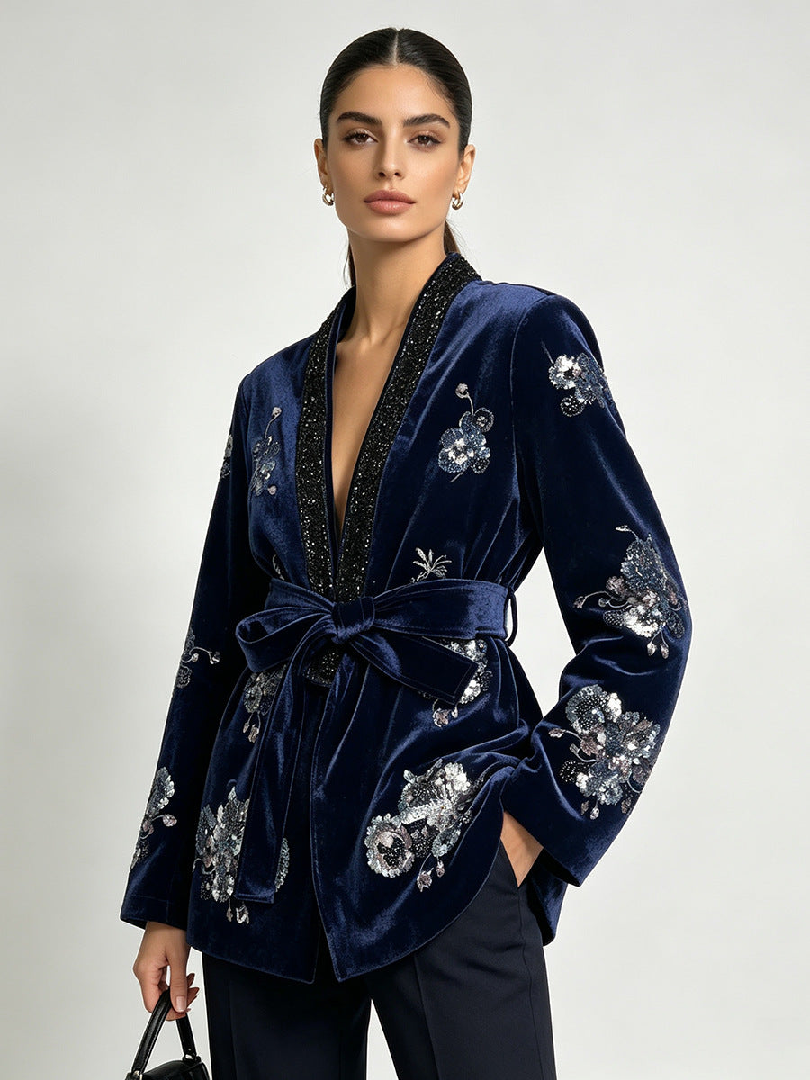 Veste florale brodée à paillettes Kimono