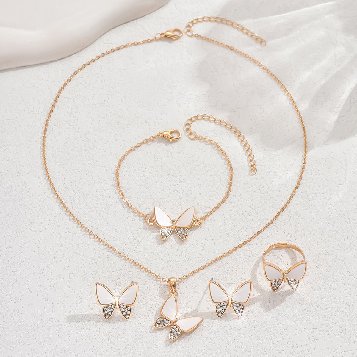 4-piece butterfly jewelry set: necklace, earrings, ring, bracelet