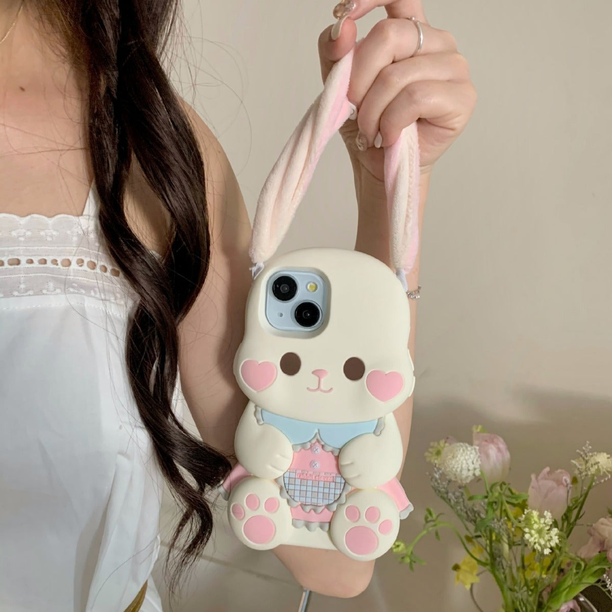 En peluche Button oreille mignon Rabbit Phone Case résistant à la chute