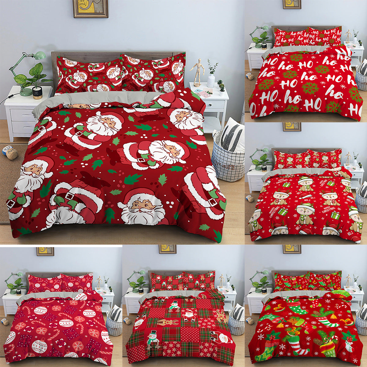 Red Cartoon Père Noël Impression numérique en trois pièces Couche de lit