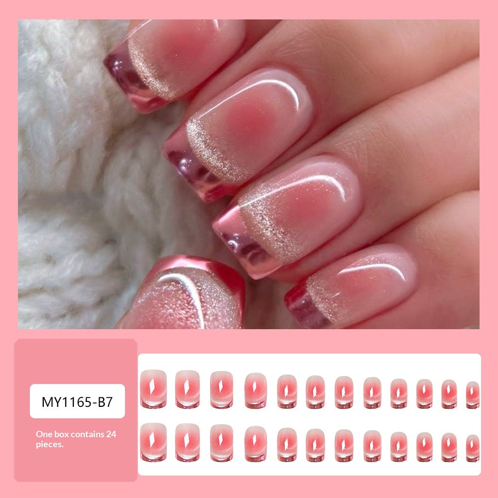 24 Stickers Petit Carré à la Presse sur Nail Rose Acrylique Français avec Effet Gradient