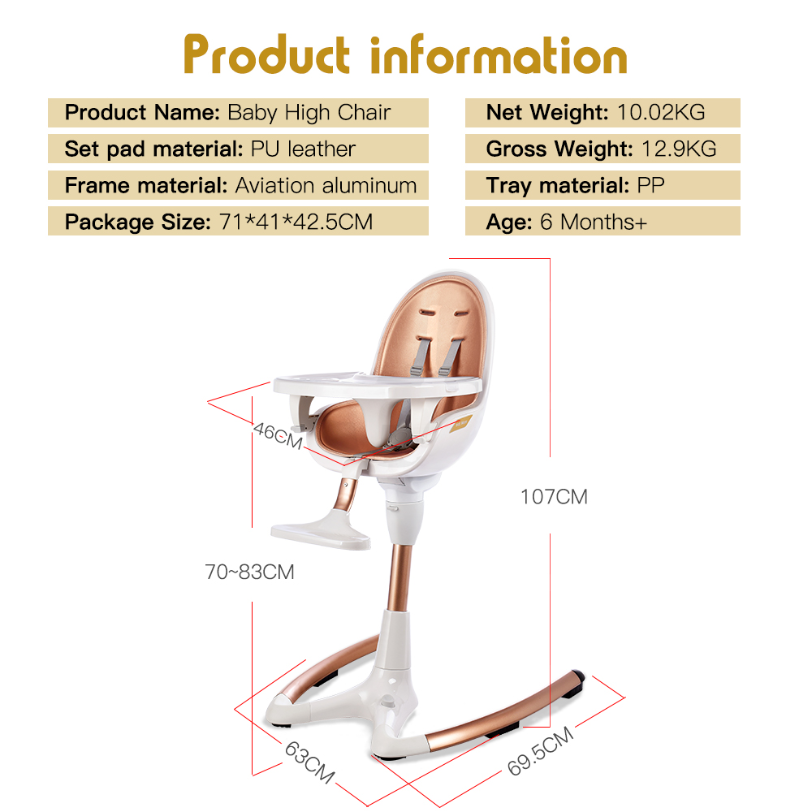 Chaise à manger bébé de luxe avec hauteur de siège réglable et plateau amovible