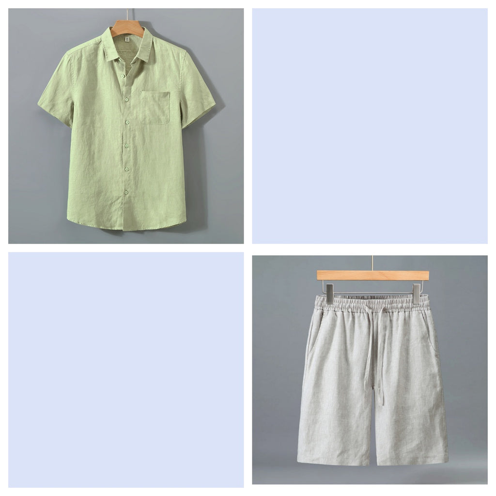 Short en lin pur pour homme et ensemble de chemises à manches courtes - Outfi léger décontracté d'été