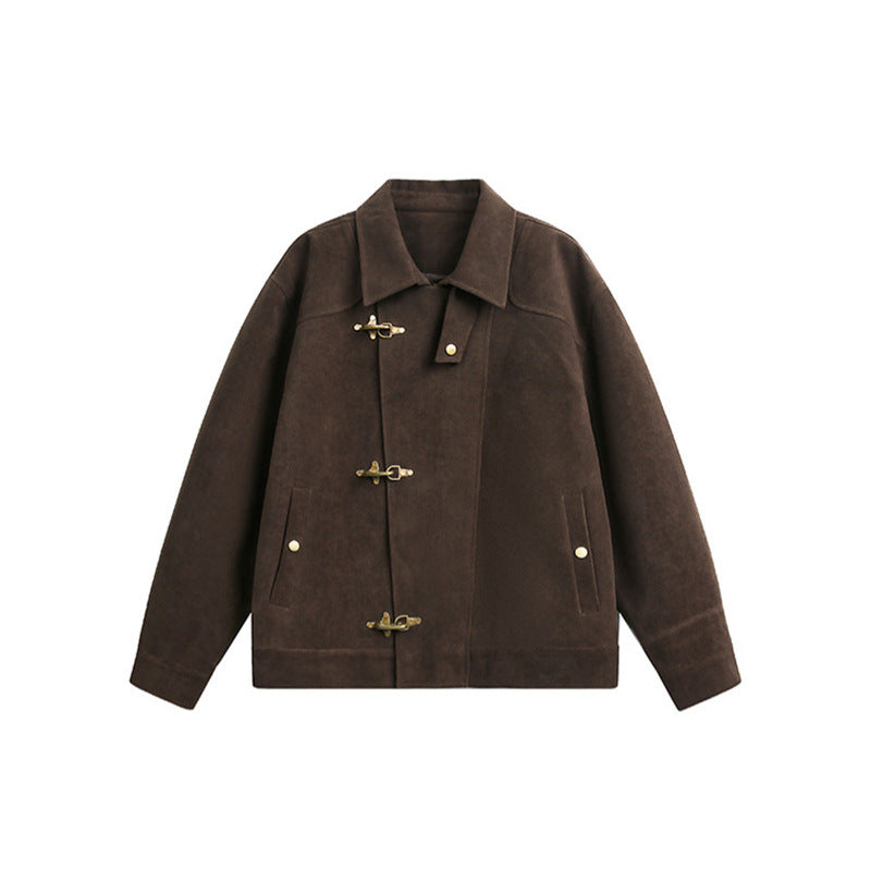 Homme Brown Faux Suede Metal Buckle Stand Collar Cropped Jacket