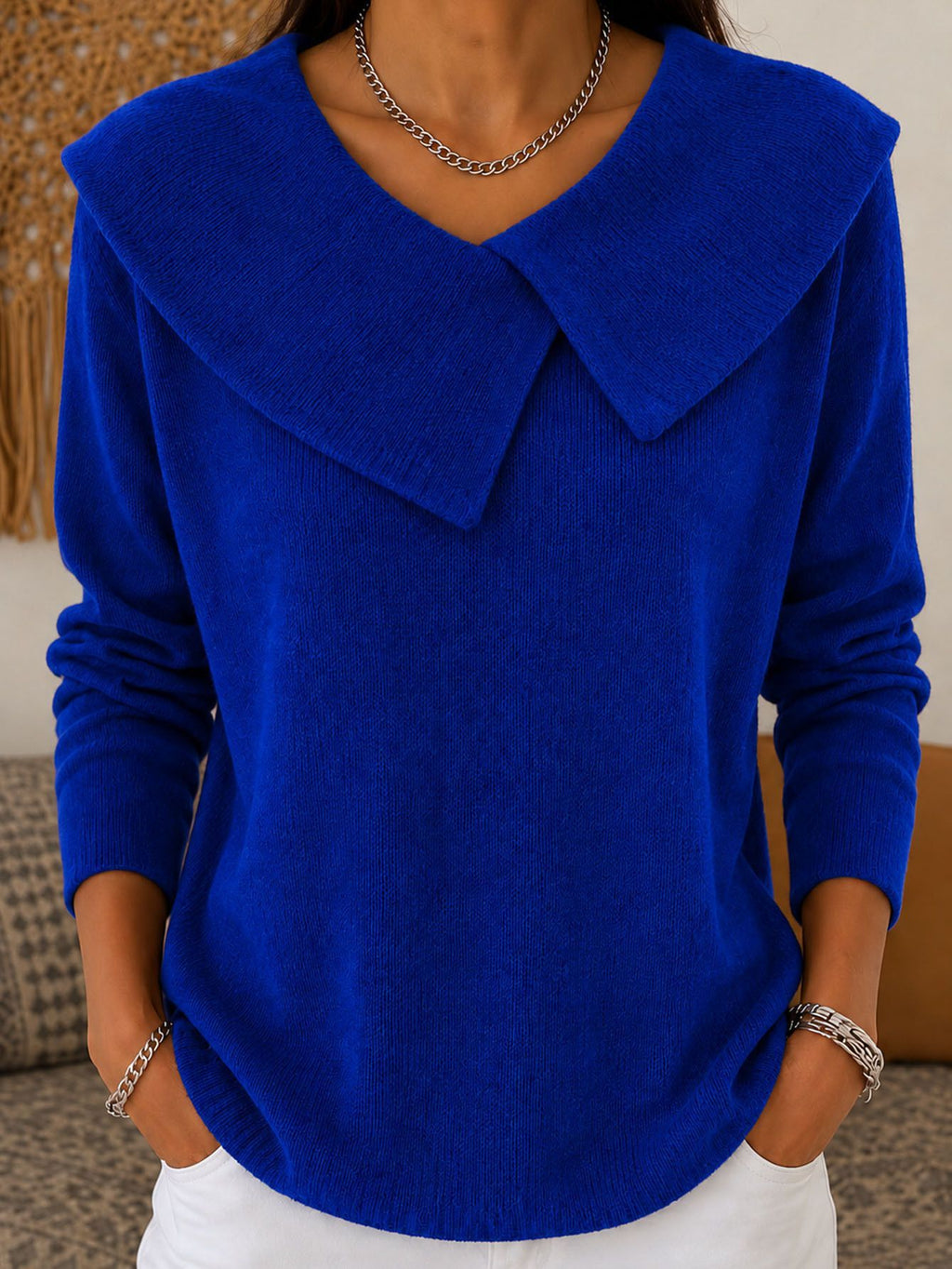 Slim-fit col V Sweater Versatile Solid-color Knit Top
