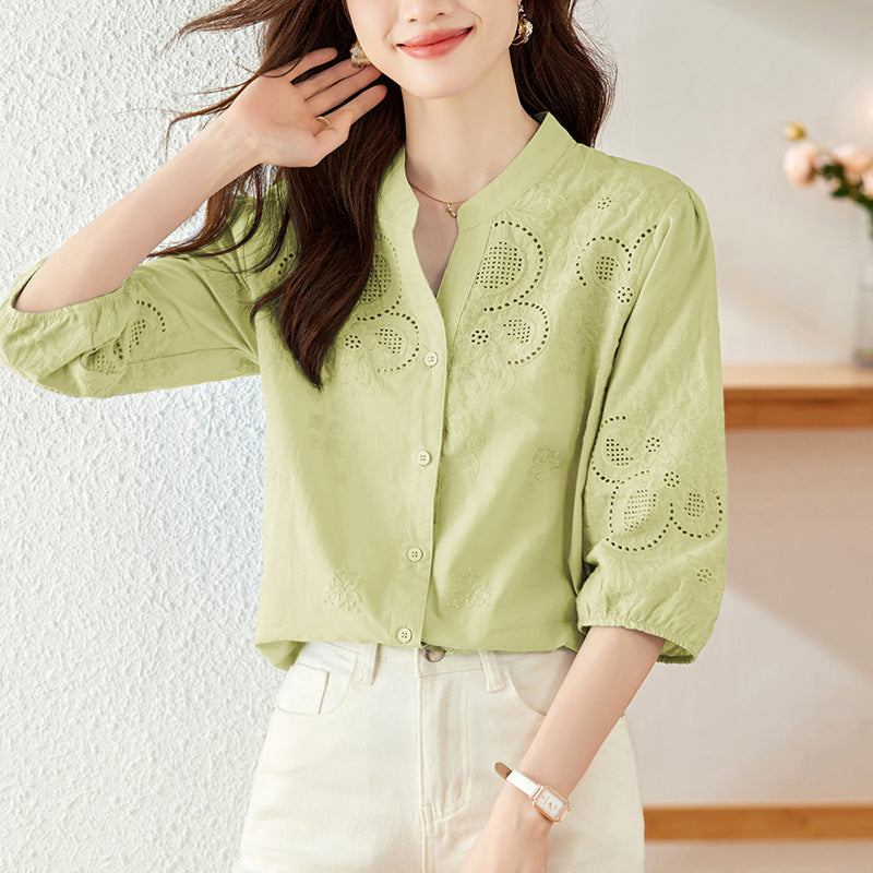Blouse blanche à col V Manches à trois quarts Arrivée Coton pur