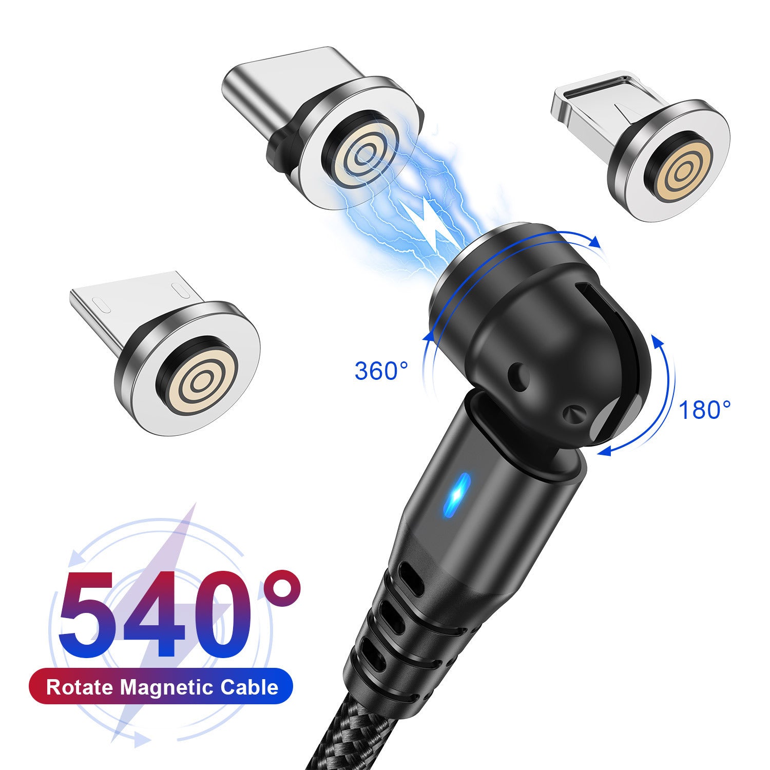 Câble de données magnétique 3-en-1 540 Connecteur rotatif 5A Charge rapide