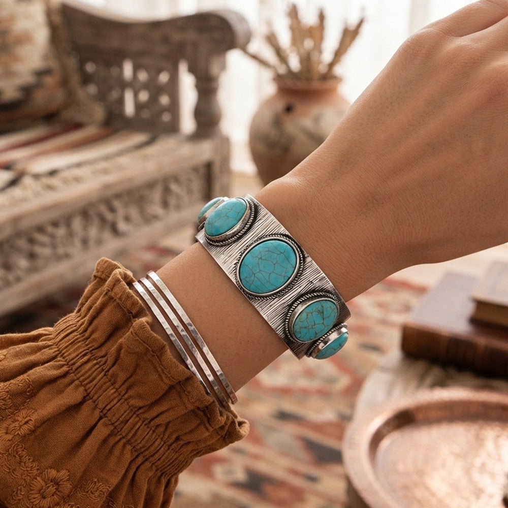 Bracelet ouvert Ovale Turquoise de style ethnique