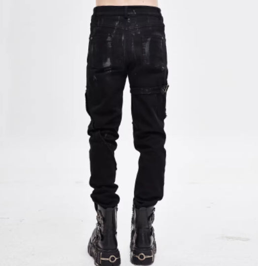 Punk Mecha hommes pantalons Slim-fit pantalons occasionnels avec un look denim lavé