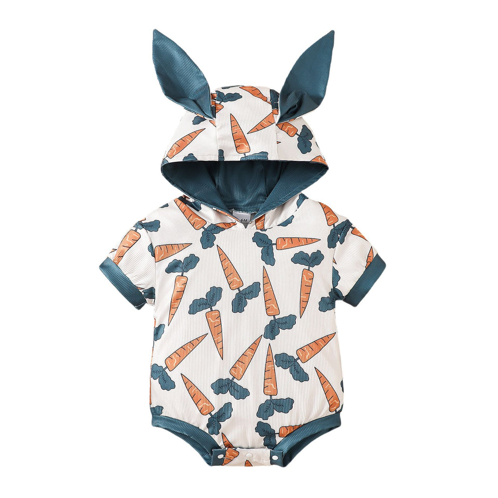 Cartoon Lapin-oreille Hoodie avec une carotte vivante imprimé Romper