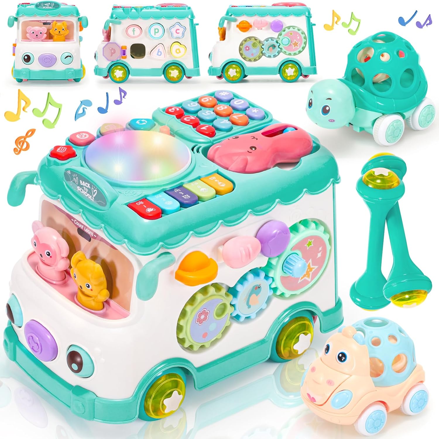 Jeu de jouets de bus d'activité bébé 6-en-1 Multifonctionnel d'apprentissage musical Bus comprend Mini voiture et
