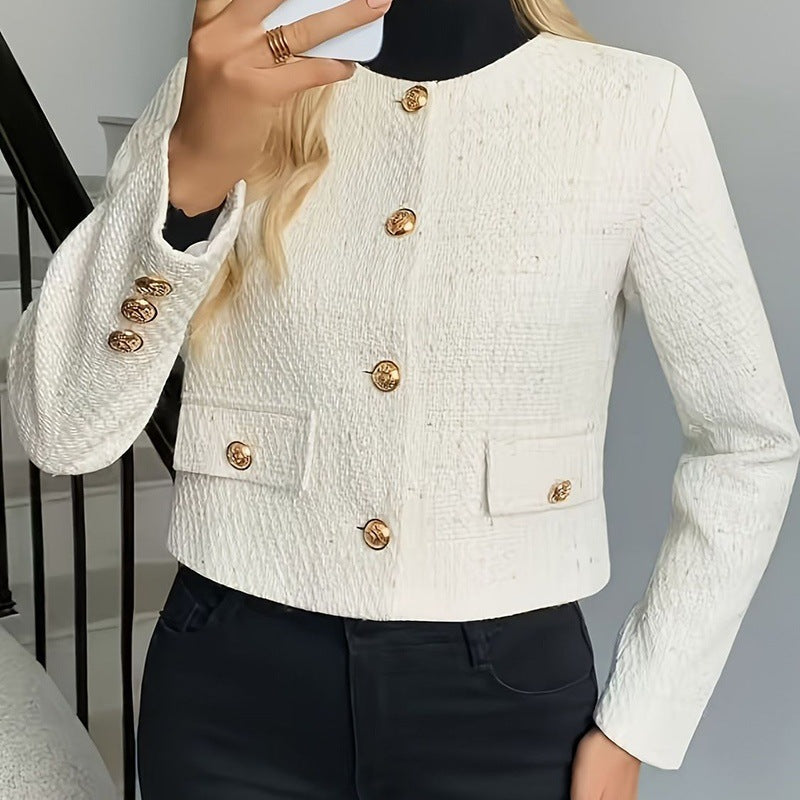 Korean Style Off-white Crew Neck Cropped Coat Button-front Top