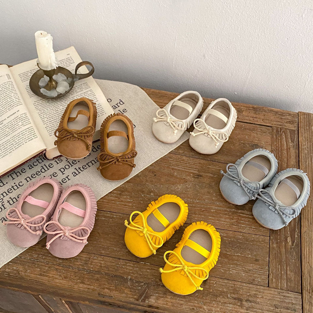 Printemps véritable en cuir bébé filles chaussures Big Bow couvert frange antidérapant résistant à l'usure doux