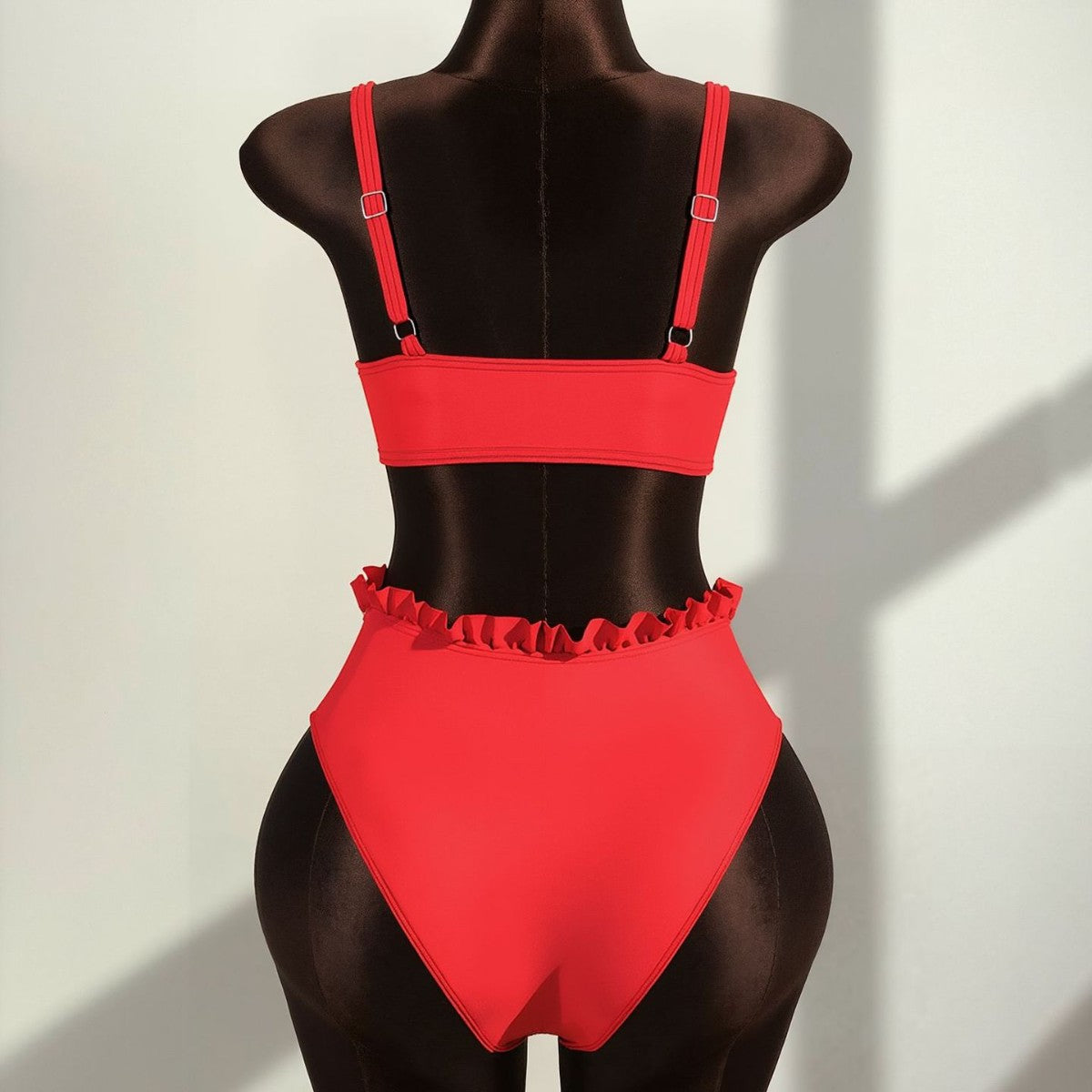 Maillot de bain rouge à deux pièces pour femmes Haute-Taille avec volant