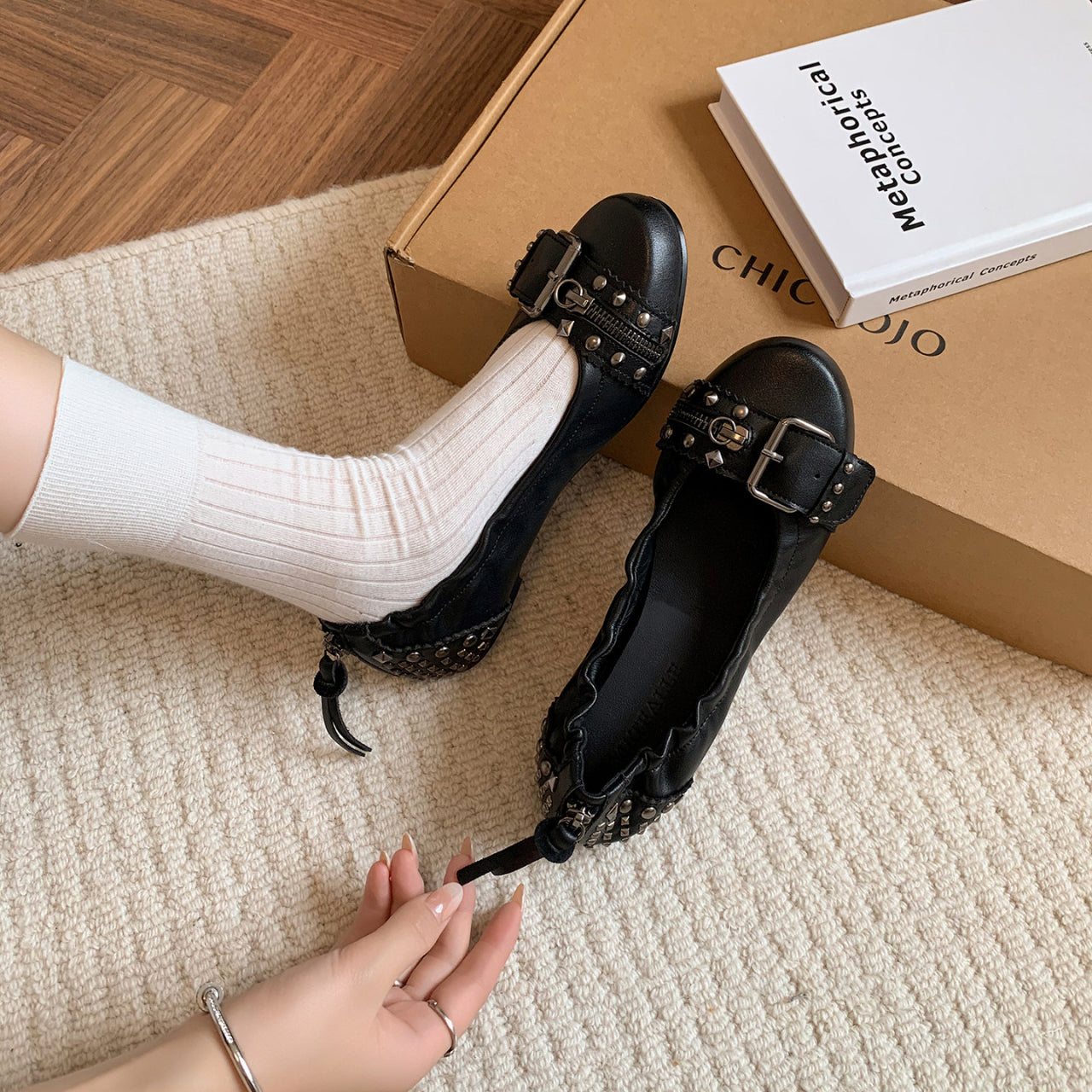 Femmes Dark Y2K Punk Studded Ballet Flats