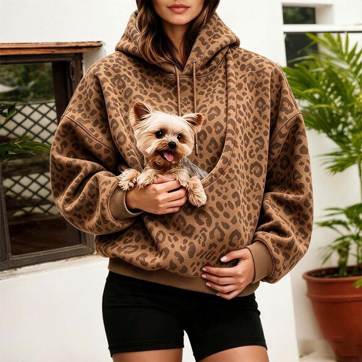 Autumn European and American Leopard Print Pet Hoooded Oversized Drawstring Pu à manches longues