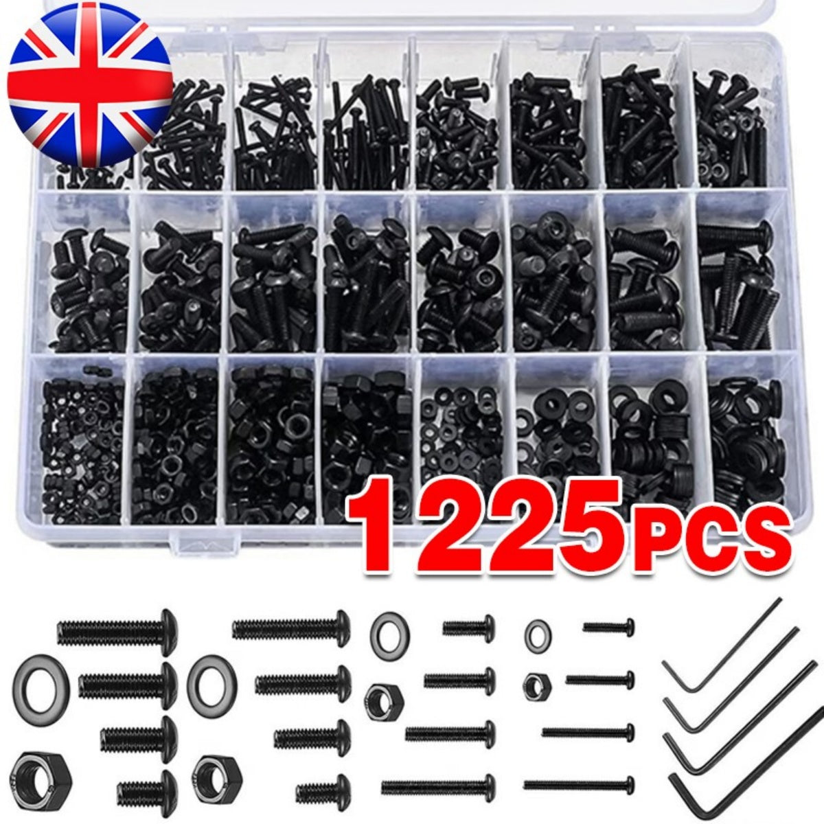 1225pcs Acier inoxydable Vis hexagonales et boulons de chaussettes Ensemble d'écrous assortis M2 M3 M4 M5