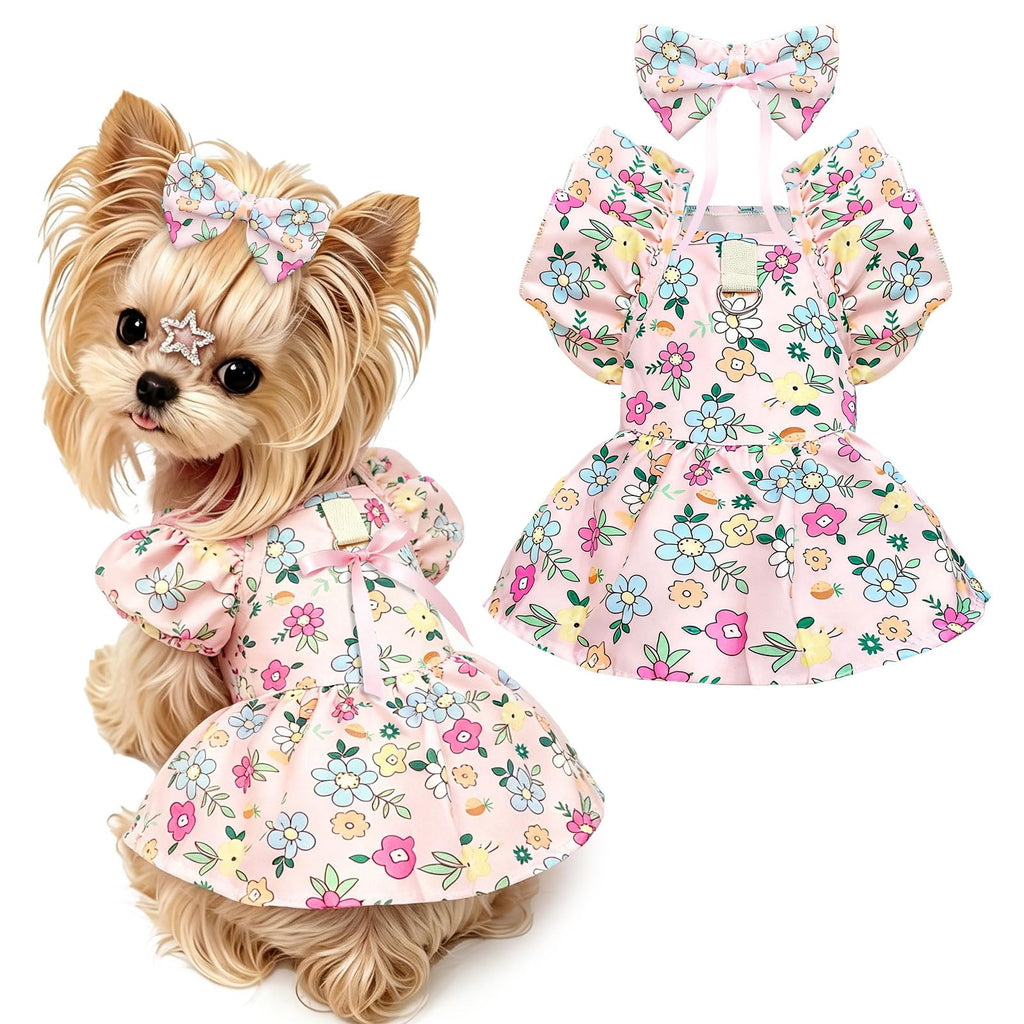 Mignon Floral Petit Chien Harness Habille avec Bow & Leash D-Ring