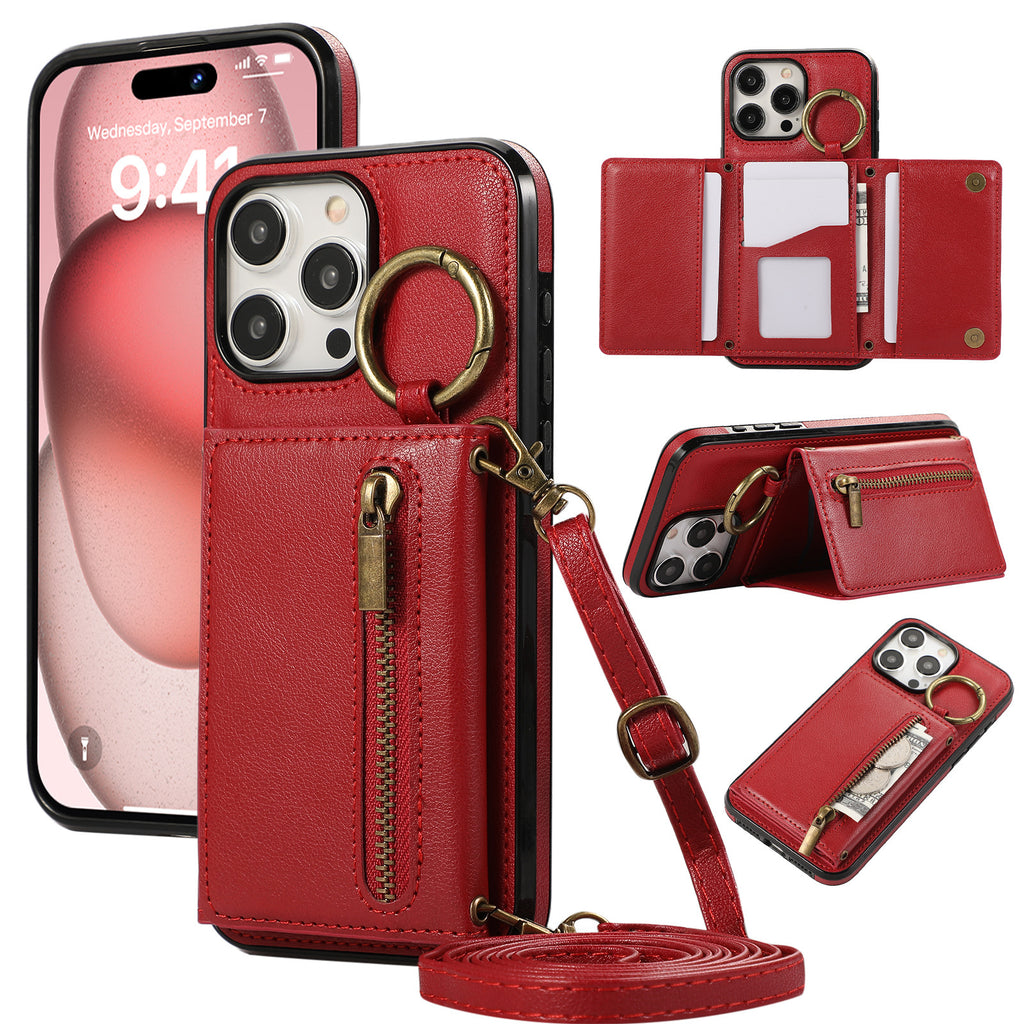 Convient pour IPhone16 Crossbody Mobile Phone Porte-cartes zippées à triple pli