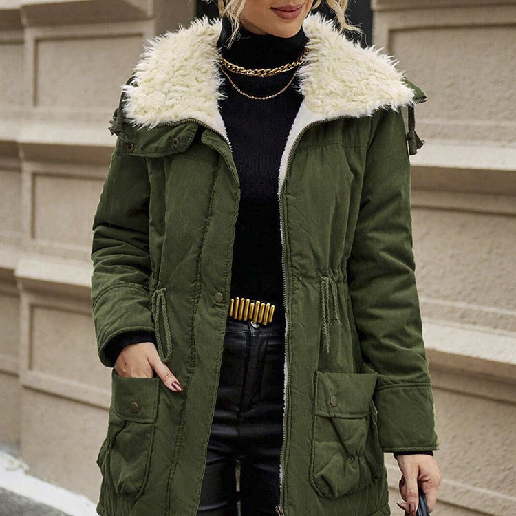 Manteau de coton mi-long à manches longues à capuche casual pour femmes