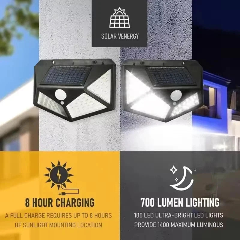 Solar Power PIR Motion Sensor Lumières murales 1o0 LED Outdoor Garden Lampe de sécurité