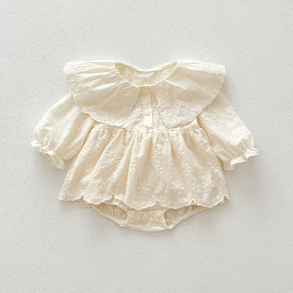 Dentelle brodée Collier Manches longues Maillots de bébé Gown