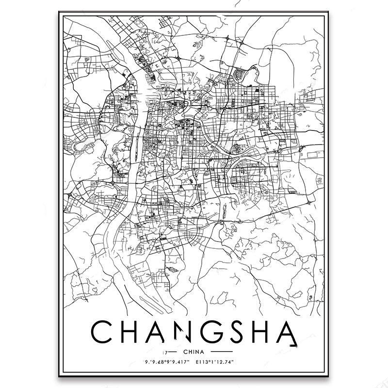 Noir et blanc carte de la ville affiche peinture toile d'art