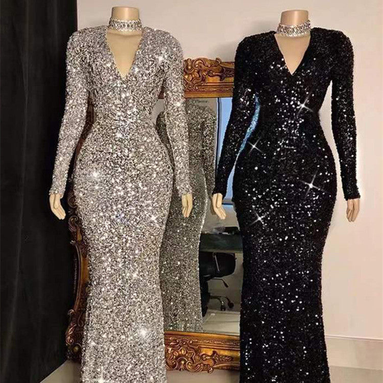 Robe de soirée à manches longues gris