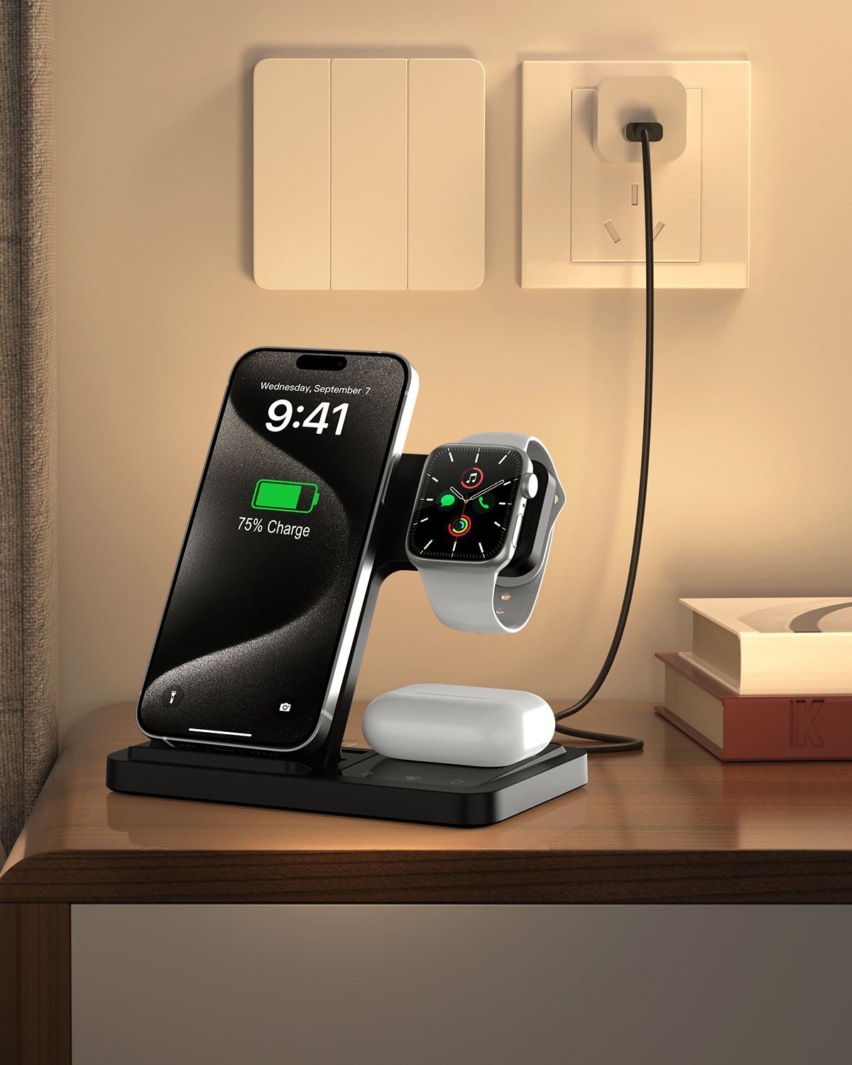 Chargeur sans fil trois en un pour Iphone15 Set de recharge rapide Iwatch Watch Casque B
