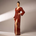Manches longues Col V Sexy Robe de soirée longue pailletée