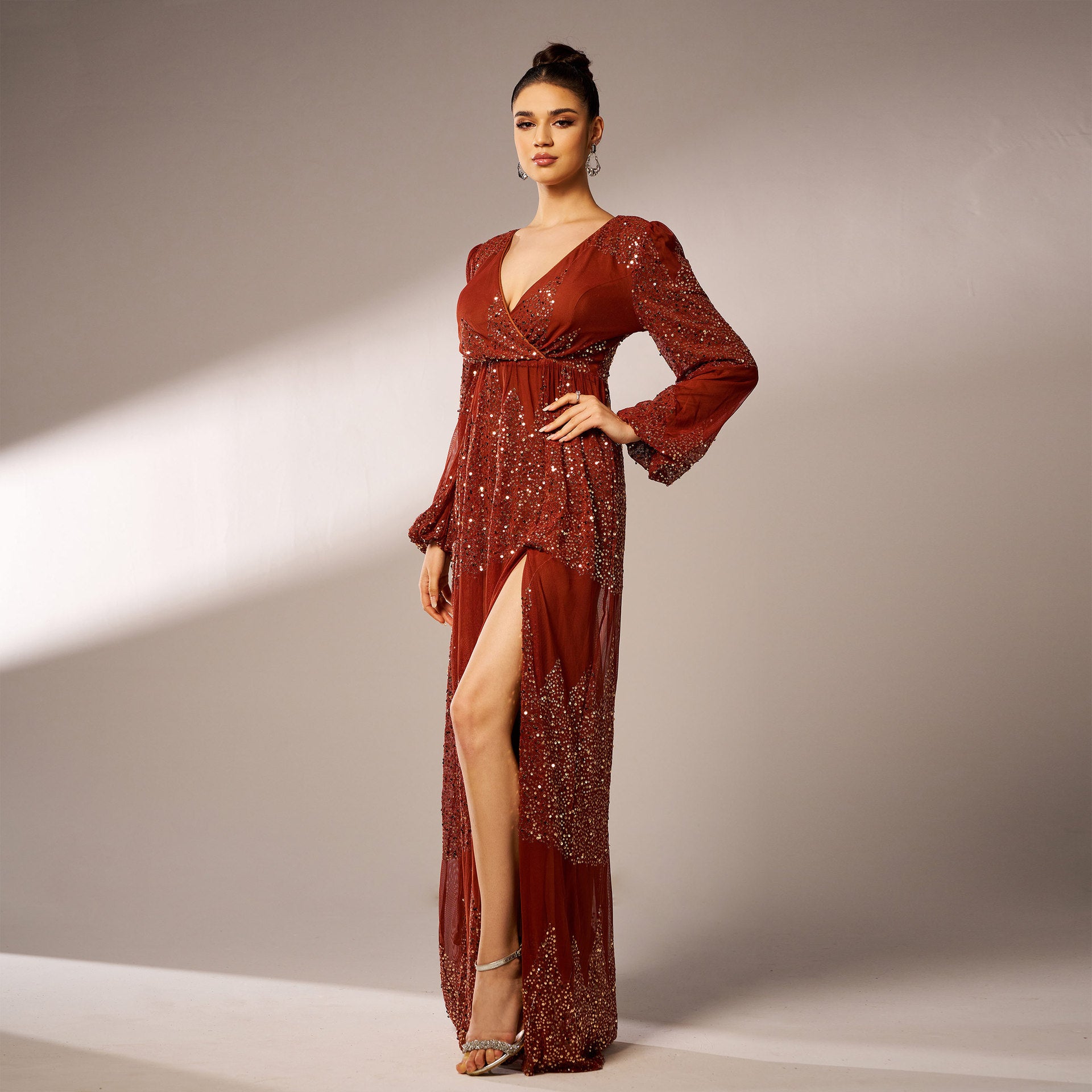 Manches longues Col V Sexy Robe de soirée longue pailletée