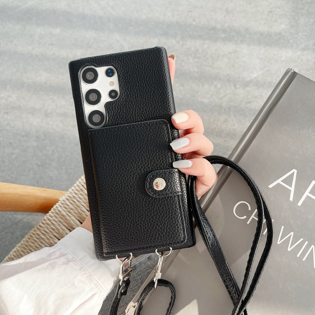 S23Ultra Lychee Carte Pattern Gauche et Droite Étui de téléphone Crossbody ouvert
