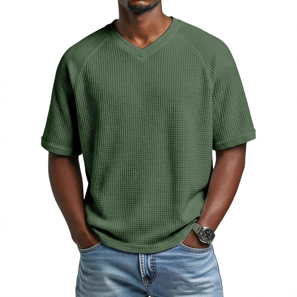 Hommes S Mode Waffle tricot côtelé manches V cou manches courtes T-shirt pour le transport quotidien