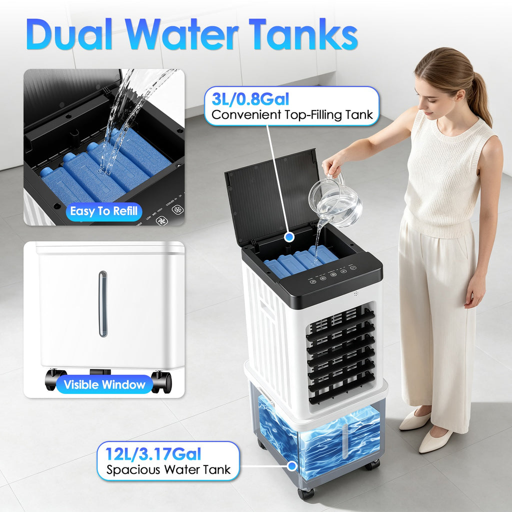Ventilateur de refroidisseur d'air portable 12L Climatiseur par évaporation avec double touche de réservoir d'eau à 3 vitesses