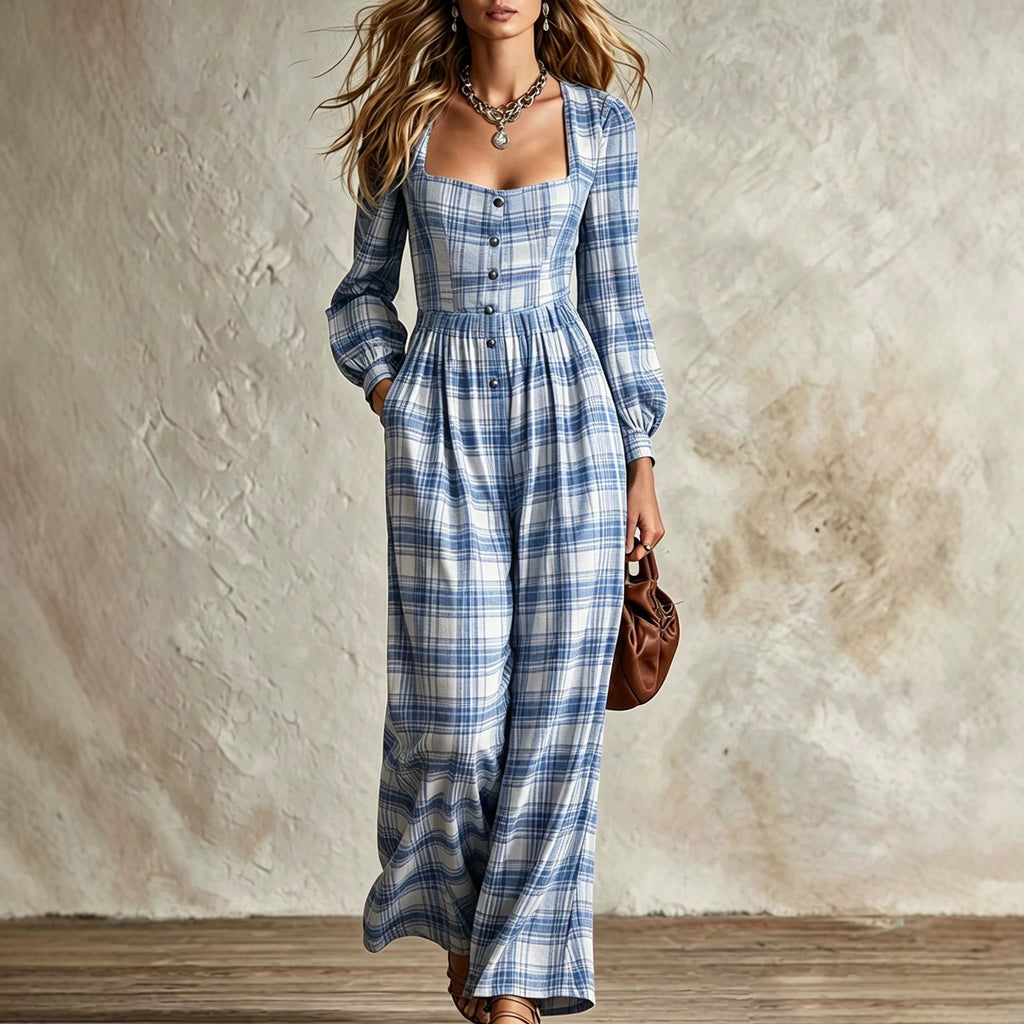 Femmes Plaid Col carré Coin de taille Boutonné Grande jambe combinaison de saut