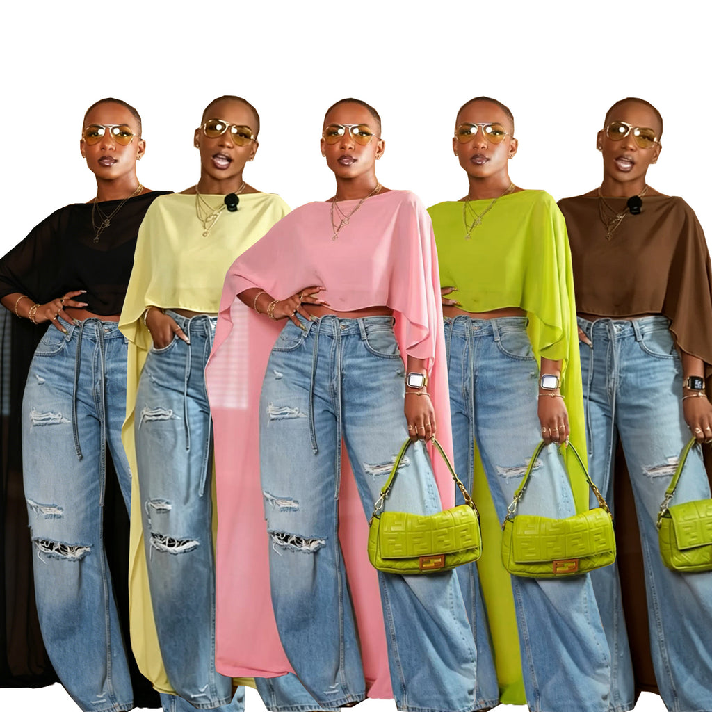 Élégantes femmes à l'aise Mesh Maxi Cape avec manches drapées Et un midriff-baraging T