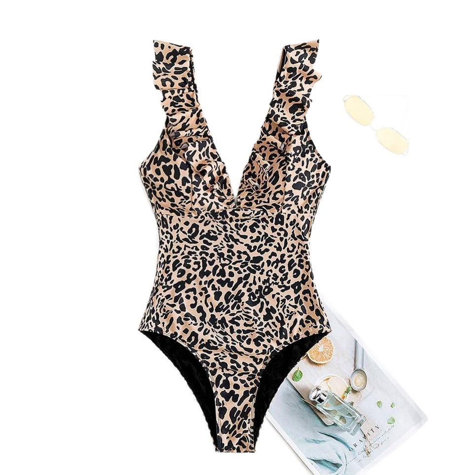 L'Europe et l'Amérique-style Leopard-print Modeste Full-Coverage Slimming Femmes Ruffled Bea