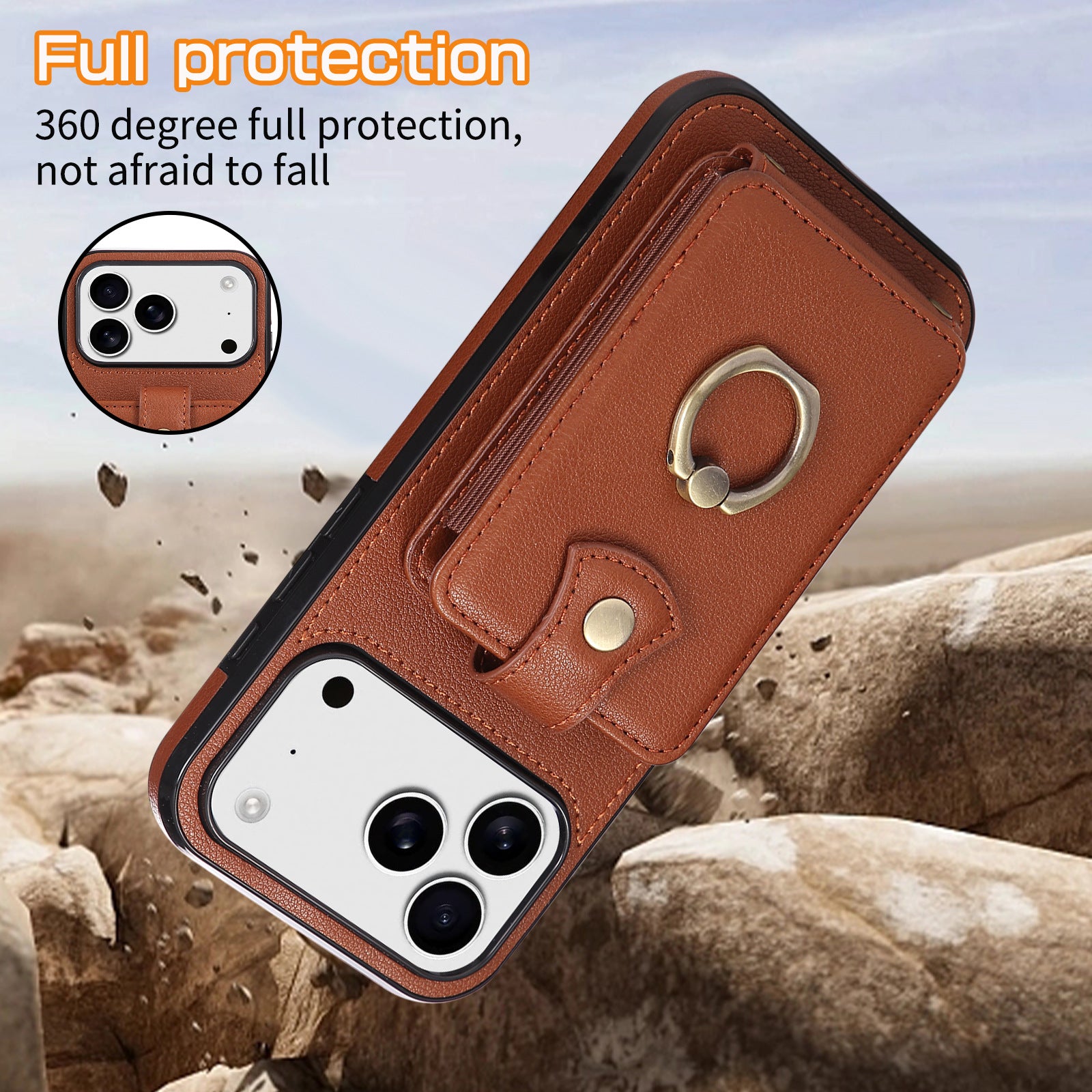 Étui de téléphone en cuir avec support de bague et carte Slot Drop Proof Protective Case