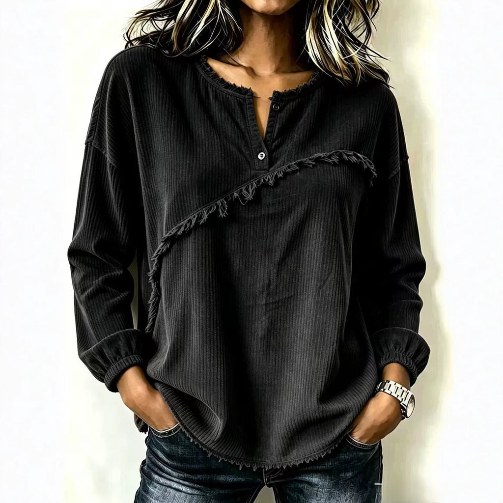 Femmes Col de Henley Corduroy Top avec Tasseaux Raw-edge