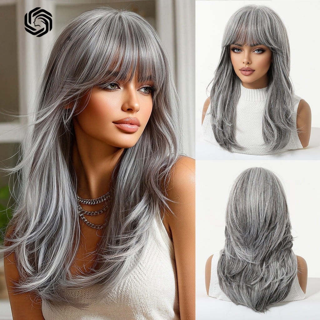 Perruque synthétique haute température pour femmes avec capuchon de cheveux Bangs