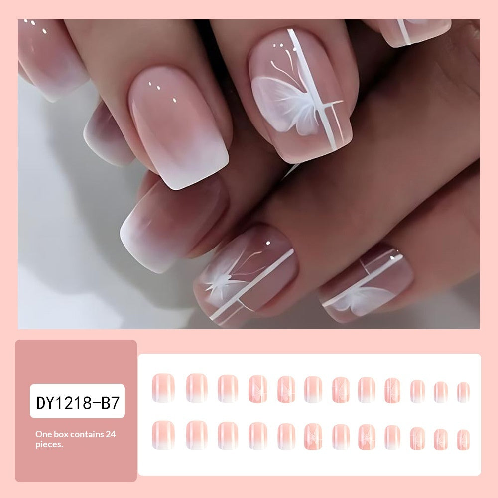 24 pièces Short Square Rose Jelly Nail Polonais avec Gradient Butterfly Design Nail Set. Suita