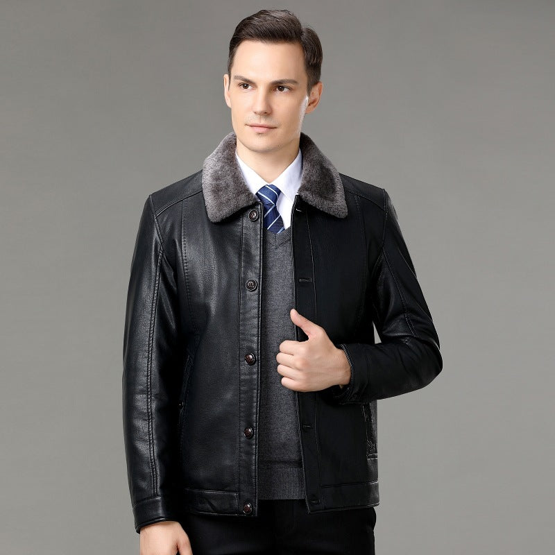 Véritable manteau en cuir et fourrure d'une seule pièce avec un lapel doublé de polaire pour plus de chaleur