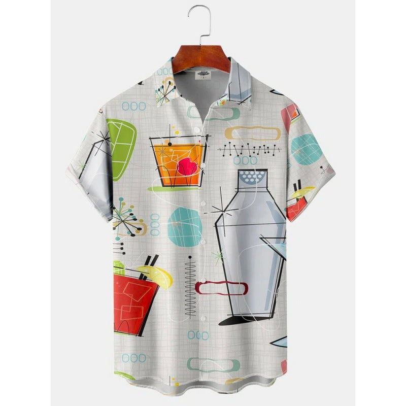 Couleur mélangée bande 3D impression numérique perdre manches courtes chemise pour hommes