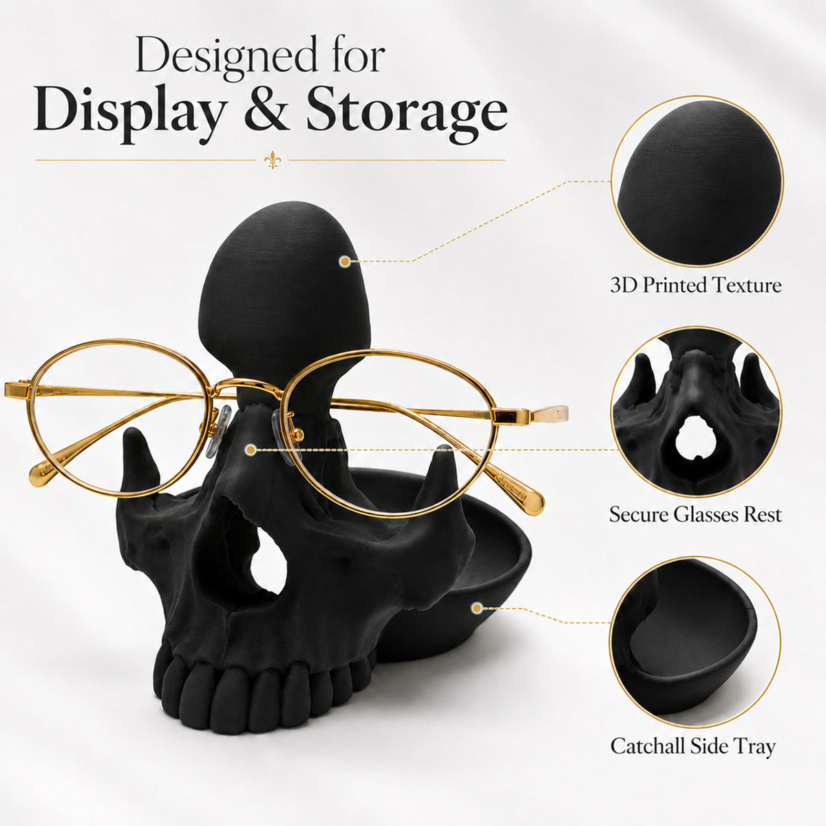 Support de lunettes de crâne imprimé 3D avec plateau Catchall