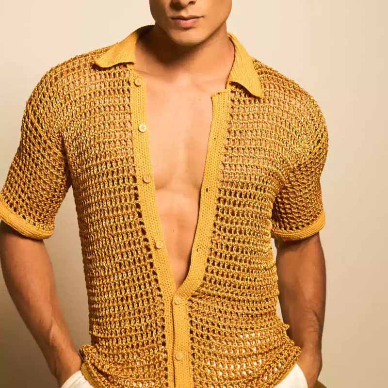 Homme Été Lapelle à couleur solide Hollow-Out Loose-Fit Respirant Manches courtes Top