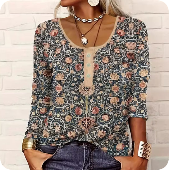Col rond Floral imprimé Henley manches longues Top
