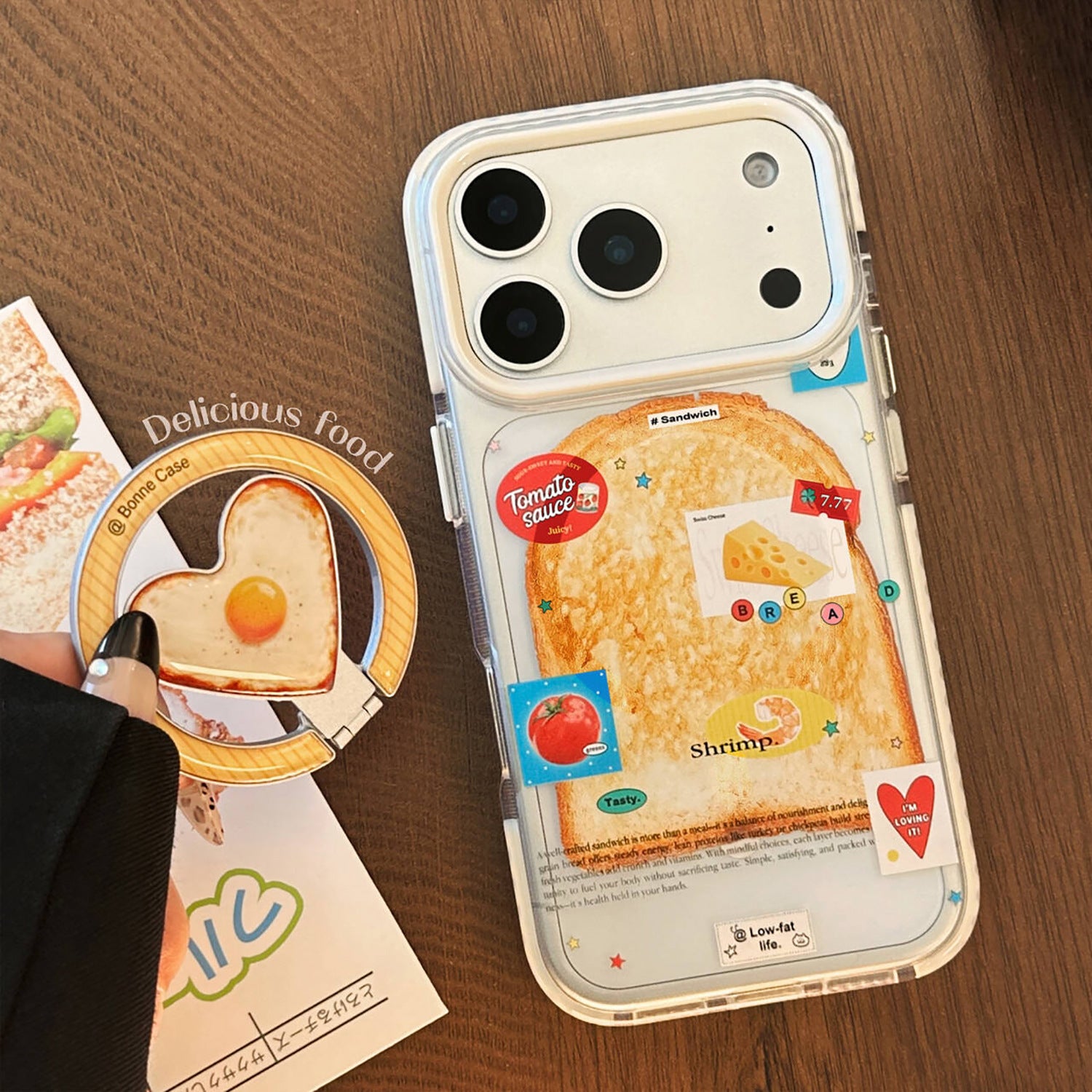 Toast and Fried Egg Coeur en forme de support de téléphone magnétique - Transparent Compatible